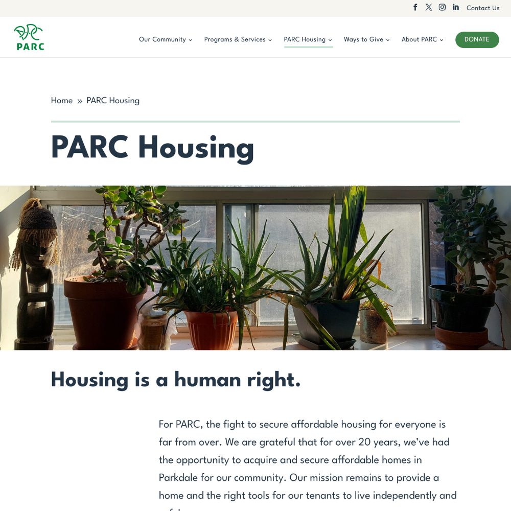 Image of PARC's Housing page on their website