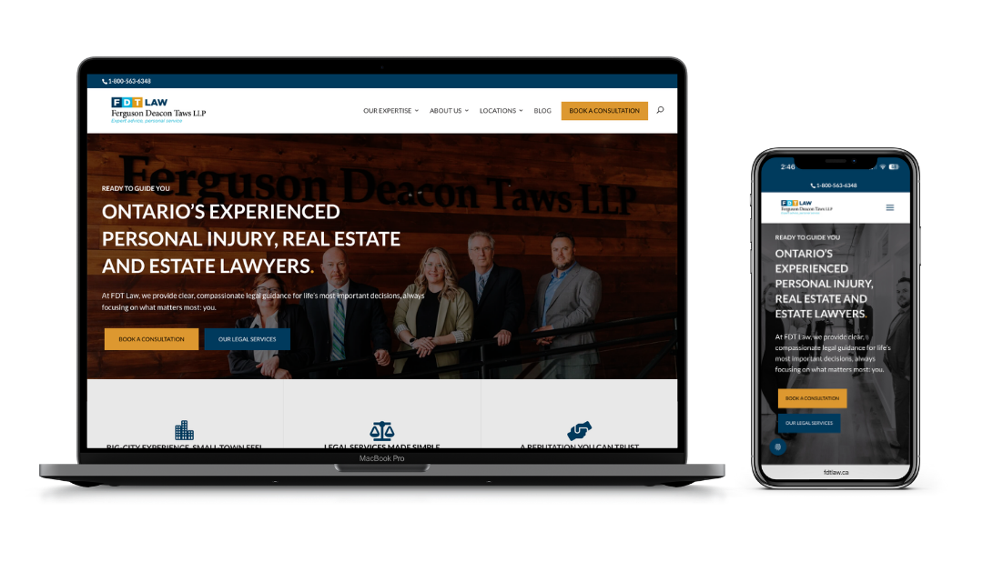 Image showing a laptop computer and a mobile phone with the FDT Law website on it