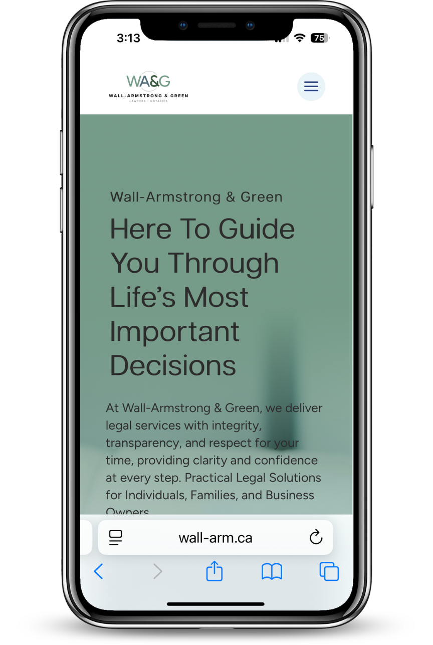 A mobile phone featuring the new Wall Armstrong & Green website
